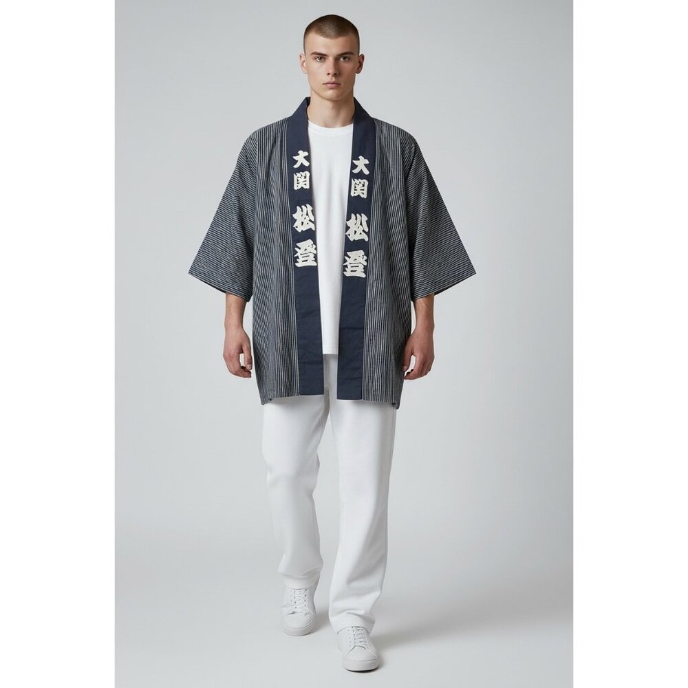 Traditional Japanese Happi Coat Kanji Print Striped Open Front Size Fits L-XL